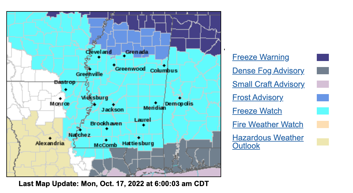 28 degrees for low? Freeze watch issued for most of Mississippi ahead
